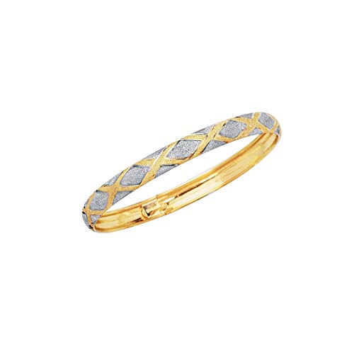 10k Yellow White Gold 6.0mm Shiny Textured Bangle Bracelet