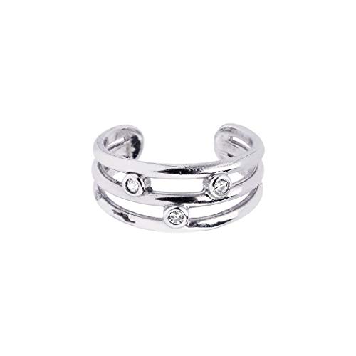Shiny Cuff Open 3-Row Toe Ring with CZ Stones: 925 Sterling Silver with Rhodium Finish Jewelry for Women