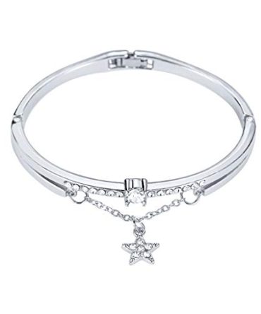 Rose Gold Star Bangle Bracelet for Women - Dainty Cuff with CZ Zircon Diamond Charms and Tassel Chain