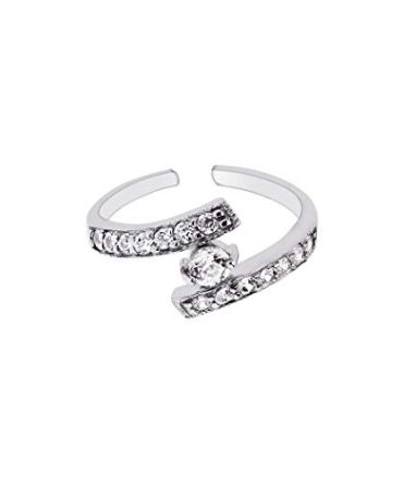Rhodium-Plated Sterling Silver CZ By-Pass Cuff Toe Ring for Women, Elegant Simulated Diamond Jewelry Gift