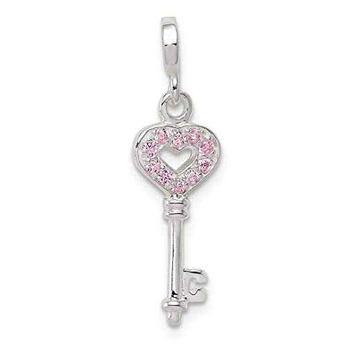 925 Sterling Silver Key Pink Cubic Zirconia Necklace Pendant