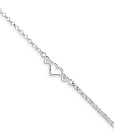 Sterling Silver Solid Polished Flat back Triple Love Heart Ankle Bracelet