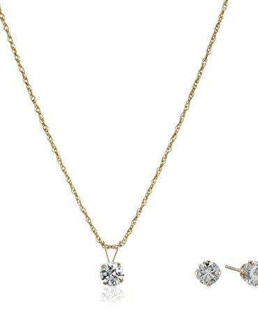 Round Cut 10K Yellow Gold Pendant Necklace and Earrings