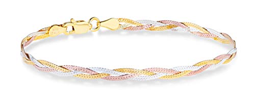 Silver Italian 3-Strand 4mm Braided Herringbone Link Chain Bracelet Tri-Color 18K Gold Miabella