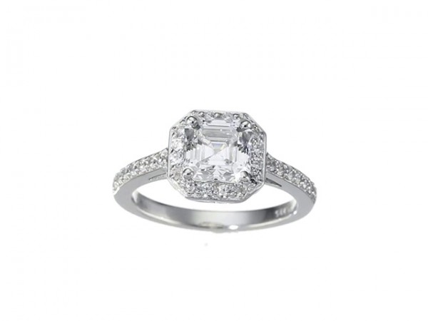 Sterling Silver Halo Ring set with Asscher Cut Swarovski Zirconia