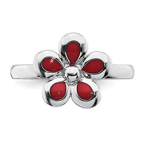 925 Sterling Silver Red Enameled Flower Band Ring