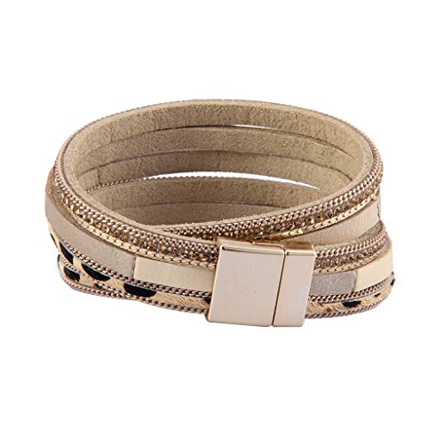 Leopard Leather-based Wrap Bracelet LPB326-Beige - A Stylish Multilayer Bohemian Bracelet with Magnetic Cuff Clasp