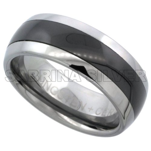 Wedding Band Ring Black Ceramic Sabrina Silver Tungsten