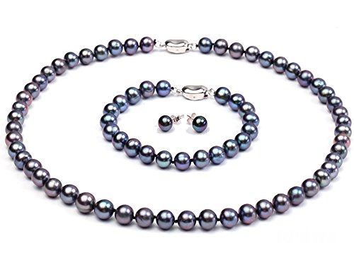 JYX Pearl Necklace Bracelet Set AAA Elegant 8-9mm Round Black