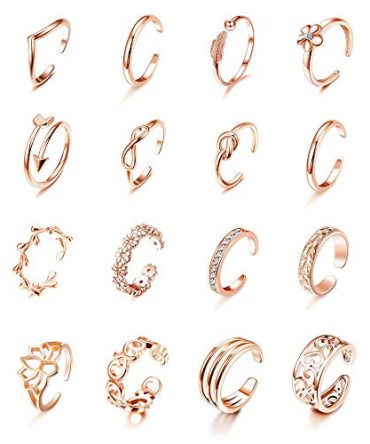 16-Piece Adjustable Toe Ring Set for Women: Variety of Styles, Gold and Silver Tone, Hawaiian Foot Jewelry Gift.