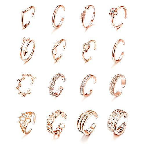 16-Piece Adjustable Toe Ring Set for Women: Variety of Styles, Gold and Silver Tone, Hawaiian Foot Jewelry Gift.