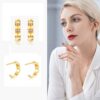 14K Real Yellow Gold Diamond Half Cuff Hoop Earrings