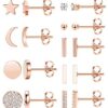 Stainless Steel 9 Pairs Rose Gold Moon Stud Earrings
