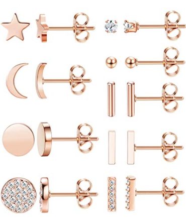 Stainless Steel 9 Pairs Rose Gold Moon Stud Earrings