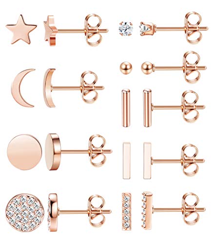 Stainless Steel 9 Pairs Rose Gold Moon Stud Earrings