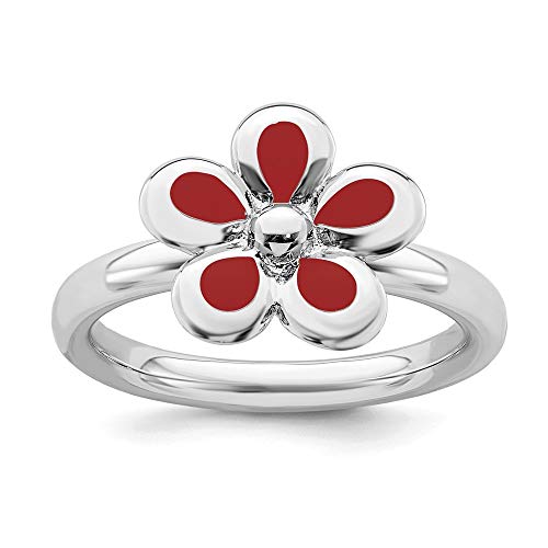 925 Sterling Silver Red Enameled Flower Band Ring