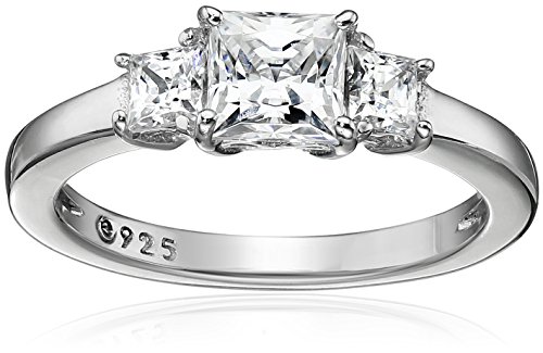 Platinum-Plated Sterling Silver Princess-Cut 3-Stone Ring
