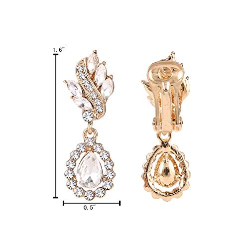 EleQueen Women's Austrian Crystal Art Deco Tear Drop Dangle Earrings - Elegant Gold-Tone Clip-Ons for Special Occasions and Daily Glam