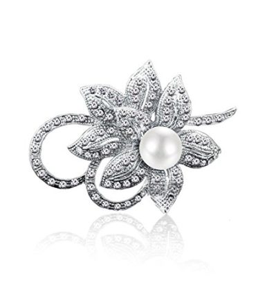Flower Brooch Pin with Shiny Created Crystal and Created Pearl