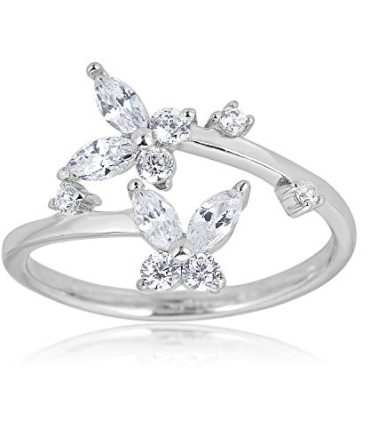 AVORA Sterling Silver Adjustable Butterfly Toe Ring with White Simulated Diamond CZ.