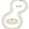 14K Gold Spherical White Freshwater Cultured Pearl Set: Necklace, Bracelet, and Earrings.