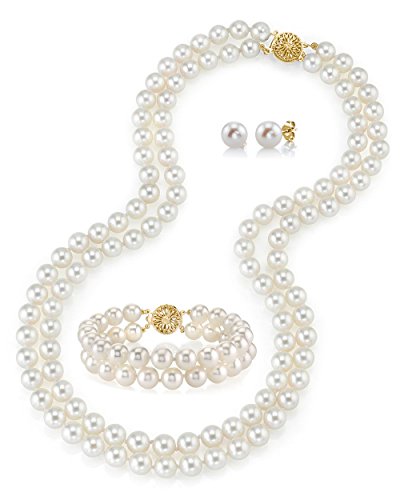 14K Gold Spherical White Freshwater Cultured Pearl Set: Necklace, Bracelet, and Earrings.