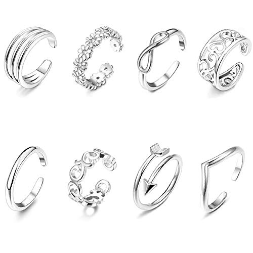 8PCS Toe Rings Adjustable Silver Toe Ring Open Tail Ring