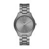 Michael Kors Slim Runway Watch featuring a sleek gunmetal aluminum bracelet, scratch-resistant glass, and grey dial, perfect for any occasion. 