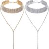 meekoo 2 Pieces Rhinestone Tassel Choker Necklace