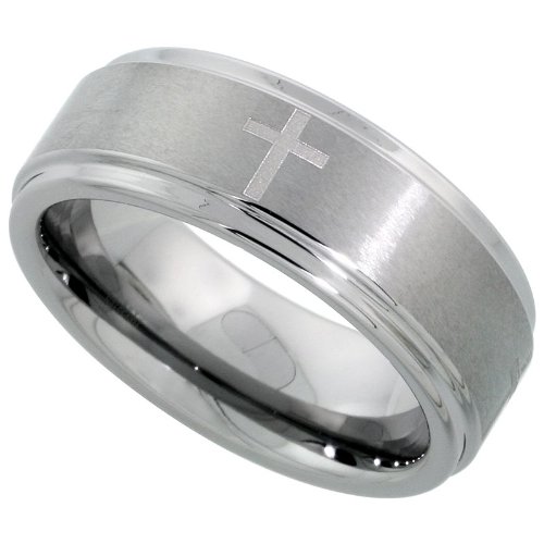 Elegant 8mm Tungsten Cross Wedding Band Ring - Size 14 ⛪