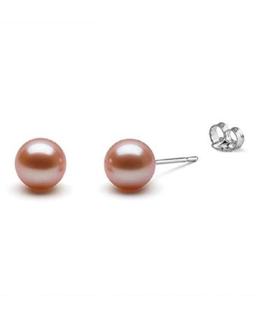 Pink Round Freshwater Cultured Pearl Stud Earrings 14k W Gold