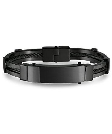 Black Identification Name Plate Cable Link Engravable ID Bangle Bracelet