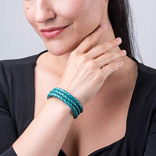 West Sterling Silver Turquoise Braided Leather Wrap Bracelet