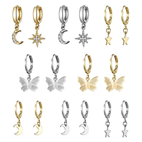 8 Pairs Small Gold Silver Butterfly Hoop Earrings