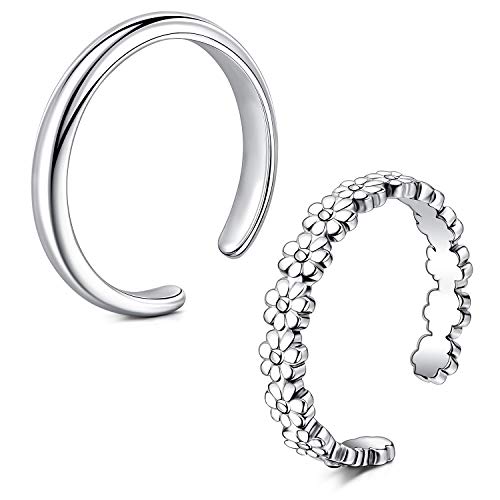 Flower Tail Ring Set - Adjustable Stainless Steel Toe Rings for Women, Open Band Silver Foot Jewelry for Summer Beach (2PCS).