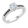 Gem Stone King 925 Sterling Silver White Created Sapphire and Black Diamond