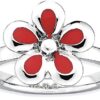 925 Sterling Silver Red Enameled Flower Band Ring