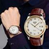 Waterproof Business Casual Watch with Classic Golden Dial and Comfortable Leather Band