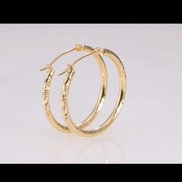 Hoop Earrings 14k Gold Hand Engraved Diamond-cut
