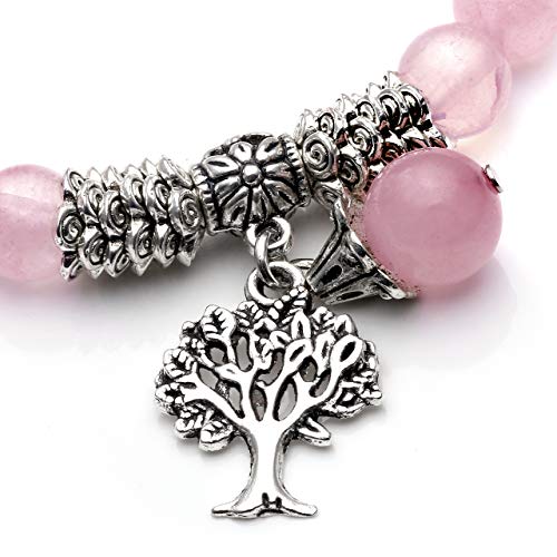 Top Plaza Stretch Rose Quartz Tree of Life Lucky Stone Bracelet