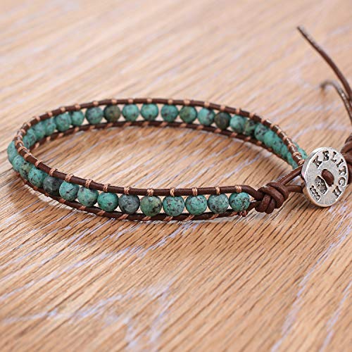 Created Turquoise Crystal Mix Beaded Bracelet: Handwoven Elegance on Brown Leather, Perfect for Boho Chic Vibes
