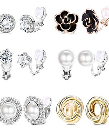 Elegance in Variety: 6 Pairs of Rose Flower, Pearl, and CZ Clip-On Earrings - Hypoallergenic Style Set