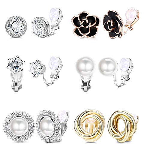 Elegance in Variety: 6 Pairs of Rose Flower, Pearl, and CZ Clip-On Earrings - Hypoallergenic Style Set