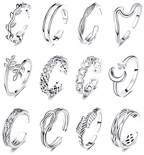 12PC Summer Seaside Toe Rings Set: Adjustable Flower, Arrow, and Tail Rings for Girls' Pinky Bands.