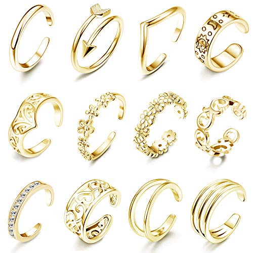 12-Piece Gold Arrow Adjustable Toe Band Ring Set: Stylish Open Toe Rings for Women - Perfect as a Jewelry Gift.