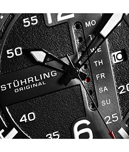 Stuhrling Original Mens Leather Watch Aviation Watch, Quick-Set Day-Date