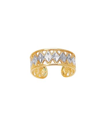 Two-Tone Diamond Pattern Cuff Toe Ring in 14k Yellow and White Gold for Women.