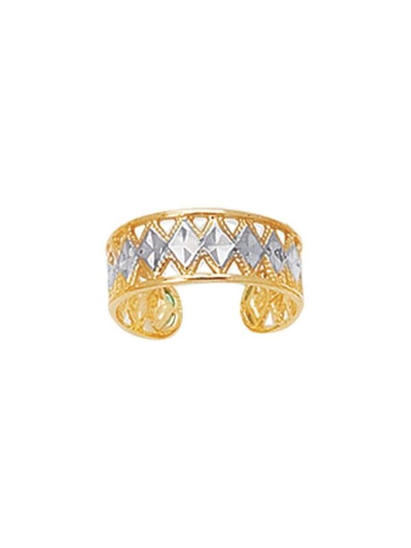 Two-Tone Diamond Pattern Cuff Toe Ring in 14k Yellow and White Gold for Women.