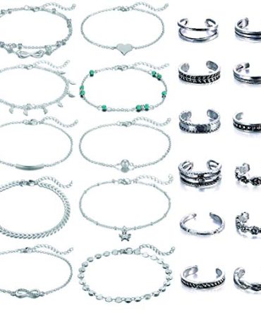 Adjustable Beach Anklet Toe Ring Set for Women: 15-22 pieces of Band Open Toe Ring Anklet Bracelets and Chains, Beach Foot Jewelry.