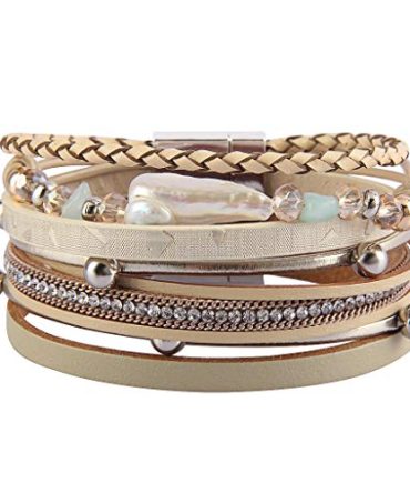 Baroque Pearl Leather Cuff Bracelet Multi Strand Boho Bracelet